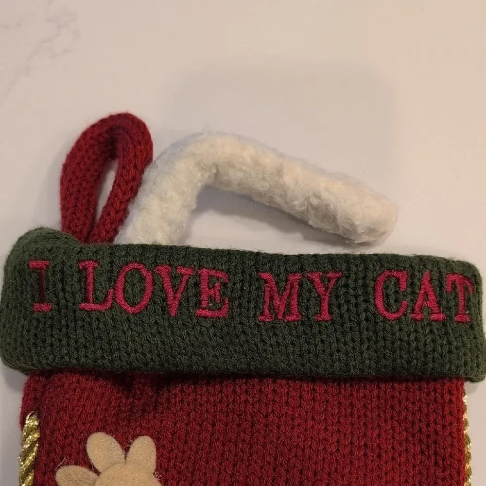 Chunky Knit Embroidered I Love My Cat Red And Green Christmas Stocking
